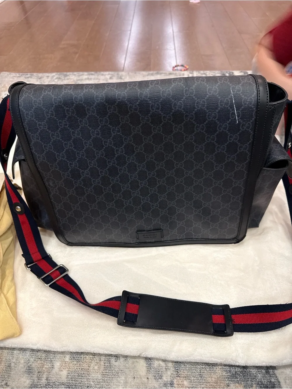 Gucci Black GG Supreme Messenger with Red and Blue Web Strap
